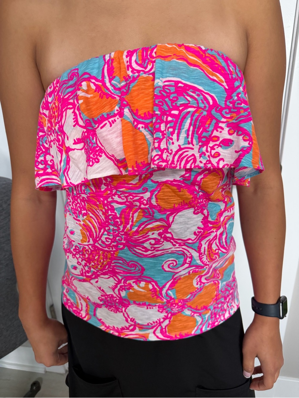 Lilly Pulitzer Strapless Ruffle Tube Top in Pink Multi Size Small Knit Cotton